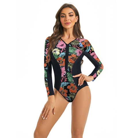 Women's One-Piece Long Sleeve Rash Guard Swimsuit Tropical Floral Print Front Zipper Surfing Diving Athletic Bathing Suit