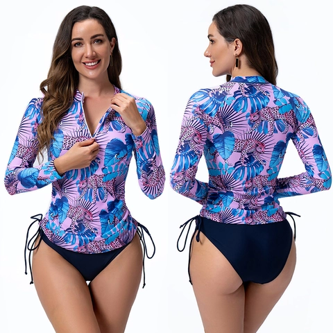 Costume da Bagno Donna Top E Pantaloni a Maniche Lunghe Stampa Tropicale Leopardata Cerniera Rash Guard Tuta da Surf
