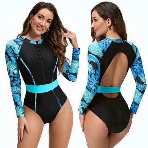 Costume Intero da Donna a Manica Lunga con Cerniera Frontale Rash Guard Muta da Surf Stampa Foglie Tropicali Patchwork Protezione Solare