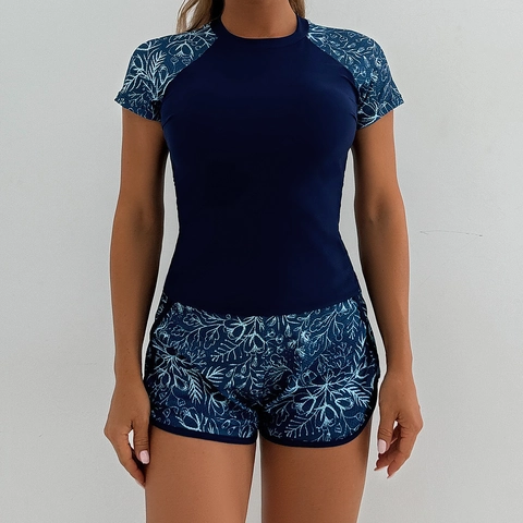 Haut Rash Guard à Manches Courtes pour Femmes Et Short Imprimé Ensemble Maillot de Bain Tankini Sportif Floral Surf pour Dames