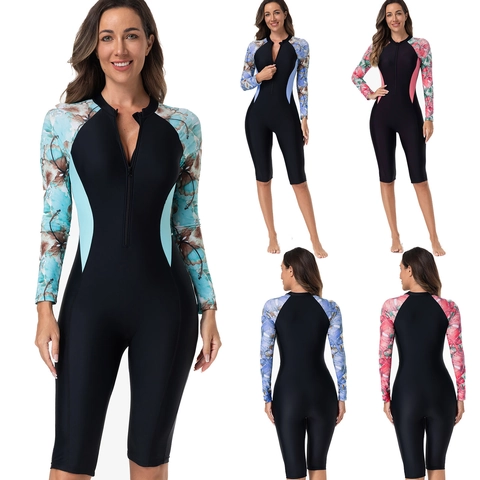 Women Long Sleeve One-Piece Swimsuit Floral Printed Rash Guard Zipper Front Conservative Athletic Surfing Diving Bathing Suit