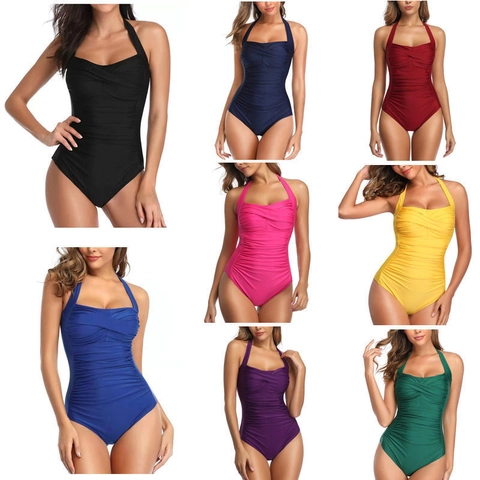 Women Halter Neck One Piece Swimsuit Ruched Tummy Control Sexy Backless Solid Color Beachwear Nylon Spandex Bathing Suit