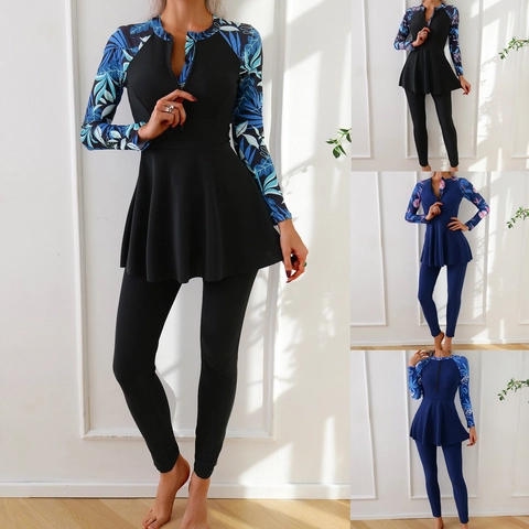 Maillot de Bain Modeste pour Femmes Haut à Jupette et Pantalon Long Ensemble de Bain Conservateur Rash Guard