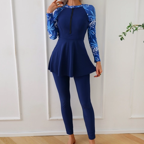 Maillot de Bain Modeste pour Femmes Haut à Jupette et Pantalon Long Ensemble de Bain Conservateur Rash Guard