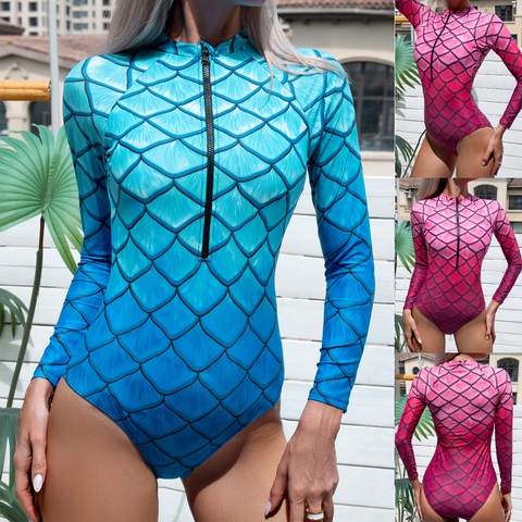 Women Long Sleeve One Piece Swimsuit Mermaid Scale Print Surfing Suit Zipper Sun Protection Swimwear Bathing Suit