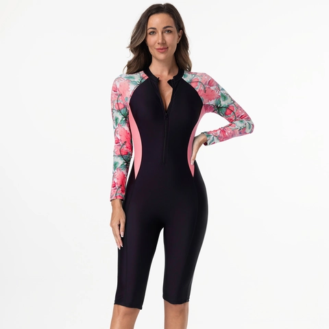 Women Long Sleeve One-Piece Swimsuit Floral Printed Rash Guard Zipper Front Conservative Athletic Surfing Diving Bathing Suit