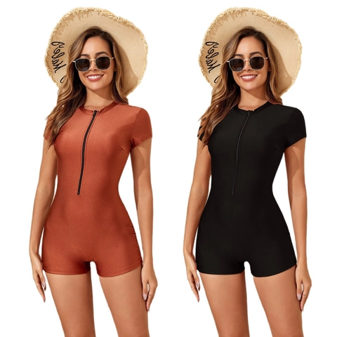 Women One-Piece Swimsuit Short Sleeve Zip Front Athletic Bathing Suit Metallic Surf Swimwear Boyleg Bodycon Sporty Beachwear