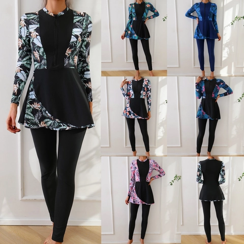 Women Modest Swimwear Burkini Top And Pants Tropical Floral Print Long Sleeve Zipper Rashguard Surfing Diving Swimsuit