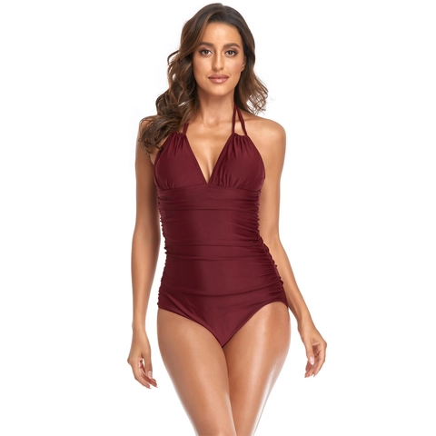 Women's Sexy Ruched One Piece Swimsuit Halter V Neck Tummy Control Bathing Suit Floral Printed Solid Monokini Beachwear