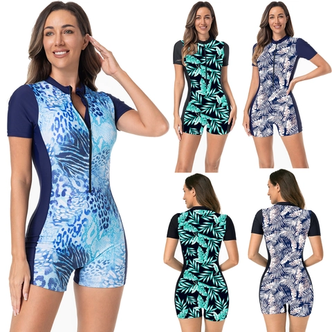 Women Athletic One Piece Swimsuit Short Sleeve Rash Guard Front Zipper Surf Suit Tropical Leaf Print Slimming Bathing Suit