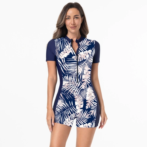 Women Athletic One Piece Swimsuit Short Sleeve Rash Guard Front Zipper Surf Suit Tropical Leaf Print Slimming Bathing Suit