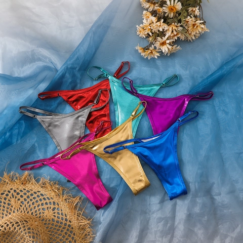 Slip Bikini da Donna Effetto Metallico Sexy Tanga a Taglio Alto Costumi da Bagno con Cinturini Regolabili Colore Solido Lucido
