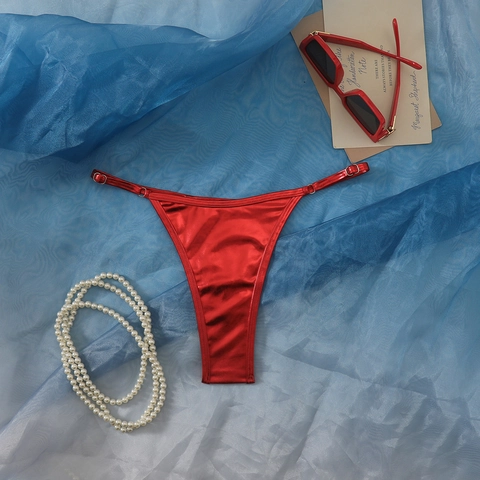 Slip Bikini da Donna Effetto Metallico Sexy Tanga a Taglio Alto Costumi da Bagno con Cinturini Regolabili Colore Solido Lucido