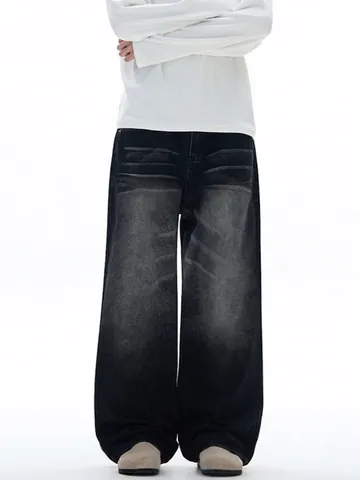 Jeans Homme High Street Délavage Vieilli Jambe Large Vintage Coupe Ample Denim Effet Moustache Streetwear Pantalon Décontracté
