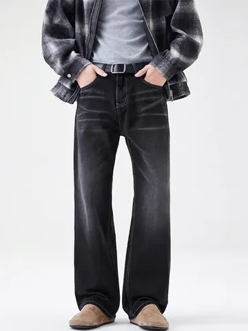 Jeans Homme Micro Flare Noir Délavé Vintage Américain Ample Usé en Denim de Coton Streetwear Pantalon Décontracté