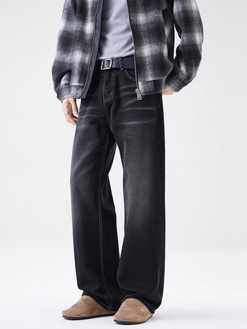 Jeans Homme Micro Flare Noir Délavé Vintage Américain Ample Usé en Denim de Coton Streetwear Pantalon Décontracté