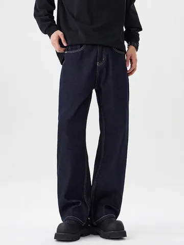 Heren Vintage Amerikaanse Retro Loose Flare Jeans Winter Fleece Gevoerd Katoen Contraststiksels Verdikte Wide Leg Casual Denim Broek