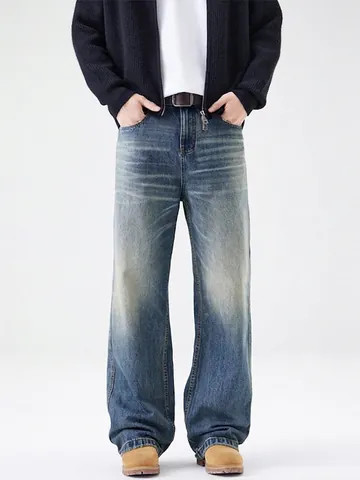 Jeans Homme American Vintage Cimeterre Jambe Large Coupe Ample Denim Lavé Pantalon Droit Retro Streetwear Workwear Casual