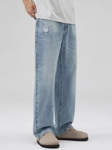 Jeans da Uomo Lavaggio Azzurro Gamba Dritta Loose Fit Strappati Pantaloni in Denim Casual High Street Moda