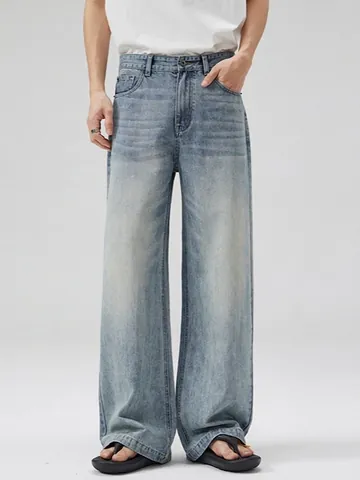 Pantaloni Jeans in Denim Lavato Blu Chiaro Casual da Uomo Gamba Larga Dritti Larghi Retro Streetwear in Misto Cotone per Giovani Adulti
