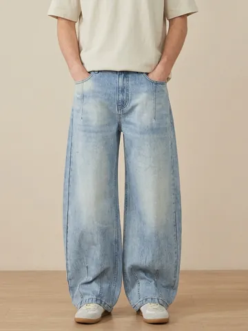 Heren Lichtblauw Gewassen Zware Stof Wijde Pijpen Jeans Retro Ruime Pasvorm Recht Casual Katoenen Broek Streetwear