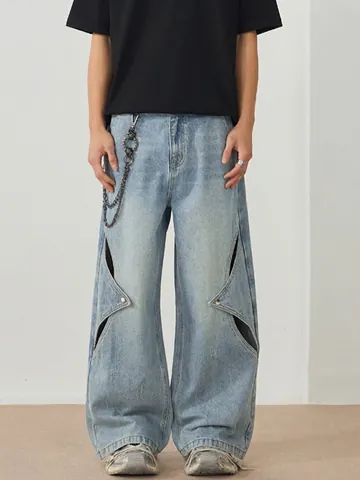 Men American Streetwear Loose Wide Leg Jeans With Star Shaped Cutouts And Metal Chain Light Blue Washed Baggy Denim Pants