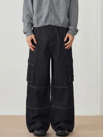 High Street Vintage Wide Leg Cargo Denim Jeans For Men Women Unisex Multi Pocket Contrast Stitching Straight Fit Pants