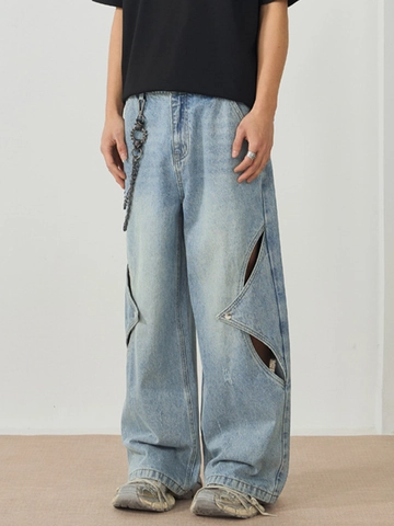 Men American Streetwear Loose Wide Leg Jeans With Star Shaped Cutouts And Metal Chain Light Blue Washed Baggy Denim Pants