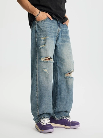 Men Baggy Distressed Jeans American Streetwear High Street Washed Blue Ripped Wide Leg Straight Denim Pants For Youth Men