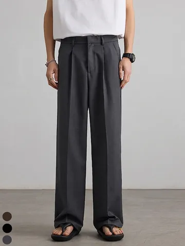 Pantaloni Casual Uomo Gamba Larga Dritti Vita Pieghettata Alta Tinta Unita Business Casual Pantaloni Per Ufficio Quotidiano