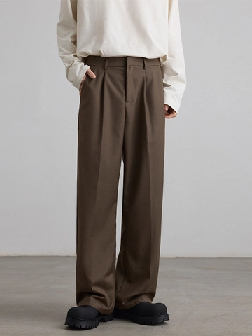 Pantaloni Casual Uomo Gamba Larga Dritti Vita Pieghettata Alta Tinta Unita Business Casual Pantaloni Per Ufficio Quotidiano