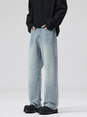 Pantalones Vaqueros Lavados High Street para Hombre Azul Claro Vintage Pierna Ancha Recta Streetwear Americano Pantalones Casual