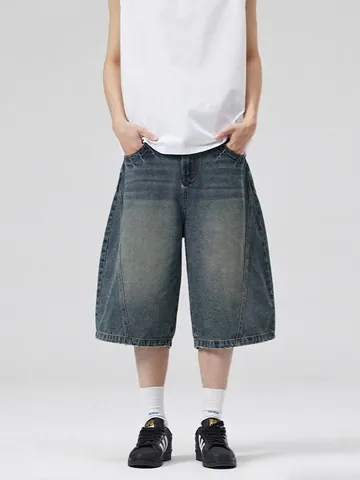 Short en Jean Délavé Vintage pour Homme Jambe Large Bermuda Patchwork Streetwear Style Japonais Décontracté Ample Coton