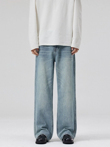 Jeans Homme Bleu Clair Lavé Jambe Large Droit Streetwear Décontracté Taille Haute Pantalons en Denim Ample