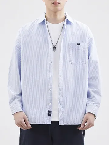 Camicia da Uomo Casual in 100% Cotone a Maniche Lunghe a Righe Vintage Stile Giapponese Top con Bottoni e Tasca