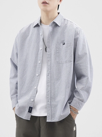 Camicia da Uomo Casual in 100% Cotone a Maniche Lunghe a Righe Vintage Stile Giapponese Top con Bottoni e Tasca