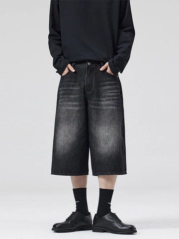 Men Vintage Washed Denim Shorts Wide Leg Loose Fit Distressed Jorts Whisker Pattern High Street Casual Summer Denim Shorts