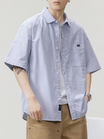 Camicia da Uomo a Maniche Corte a Righe 100% Cotone Casual Colletto a Punta Ampio Stile Retrò Giapponese Top a Bottoni