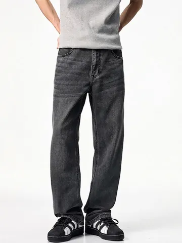 Jeans in Lyocell Lavato Nero Grigio High Street Uomo Casual Larghi a Gamba Dritta Pantaloni Denim Estate Sottile