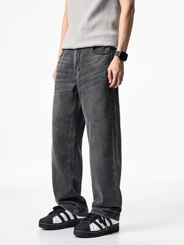 Jeans in Lyocell Lavato Nero Grigio High Street Uomo Casual Larghi a Gamba Dritta Pantaloni Denim Estate Sottile