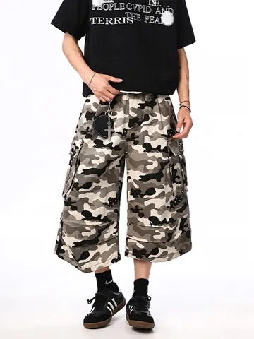 High Street Camouflage Cargo Shorts Baumwollmischung Mehrfachtaschen Weites Bein Dreiviertelhose Sommer Trendy Streetwear Unisex Hosen