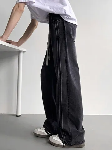 Herren American Streetwear Dünne Lyocell Gewaschene Straight Leg Jeans Retro Distressed Wide Leg Hose Mit Kordelzug Taille Seitenstreifen