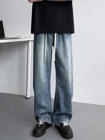 Herren American Streetwear Dünne Lyocell Gewaschene Straight Leg Jeans Retro Distressed Wide Leg Hose Mit Kordelzug Taille Seitenstreifen
