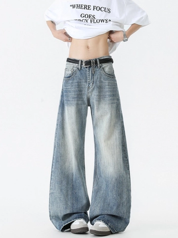 Vaqueros de Pata Ancha para Hombre Pantalones de Denim Lavado Retro Holgados de Pierna Recta Streetwear Cleanfit Cintura Media