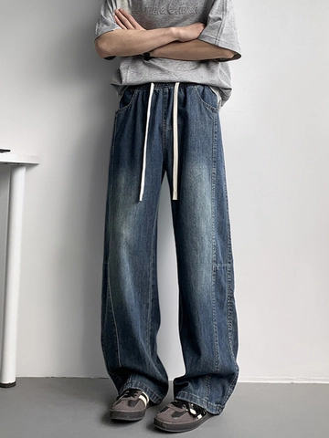 Men's Summer Thin Lyocell Denim Jeans Casual Wide Leg Straight Pants Vintage Washed Patchwork Drawstring Waist Trousers For Men