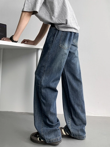 Men's Summer Thin Lyocell Denim Jeans Casual Wide Leg Straight Pants Vintage Washed Patchwork Drawstring Waist Trousers For Men