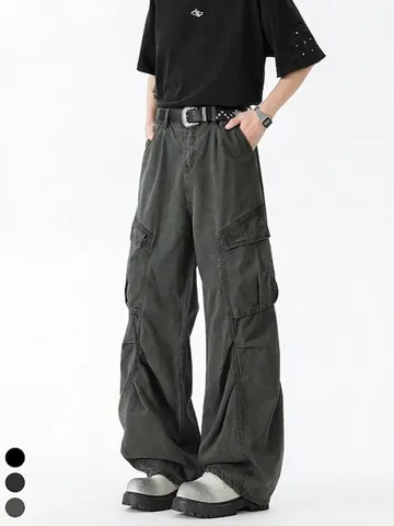 Heren High Street Cargobroek Vintage Gewassen Katoen Wijde Pijpen Multi Pocket Losse Casual Streetwear Broek