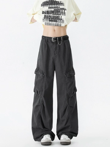 Heren High Street Cargobroek Vintage Gewassen Katoen Wijde Pijpen Multi Pocket Losse Casual Streetwear Broek