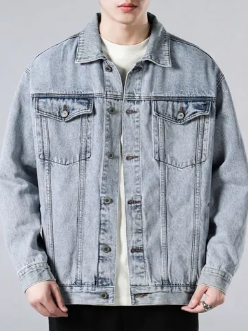 Men's Vintage Washed Denim Jacket Streetwear Distressed Casual Cotton Trucker Coat With Pockets For Spring Autumn