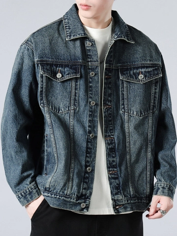 Men's Vintage Washed Denim Jacket Streetwear Distressed Casual Cotton Trucker Coat With Pockets For Spring Autumn